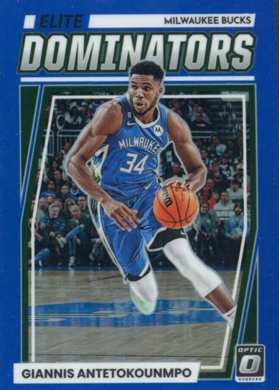 Giannis Antetokounmpo 2022 Optic #21 Elite Dominators - Blue /49 PSA 10