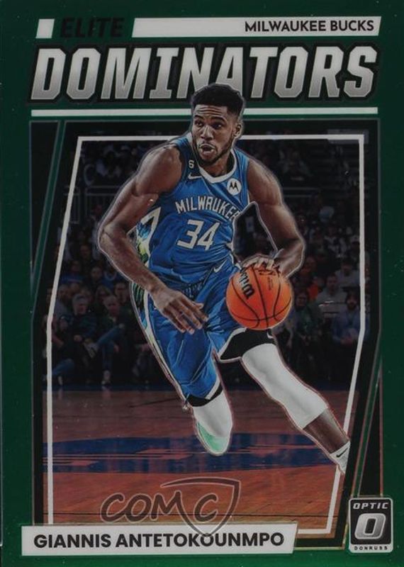 Giannis Antetokounmpo 2022 Optic #21 Elite Dominators - Green /5 PSA 10