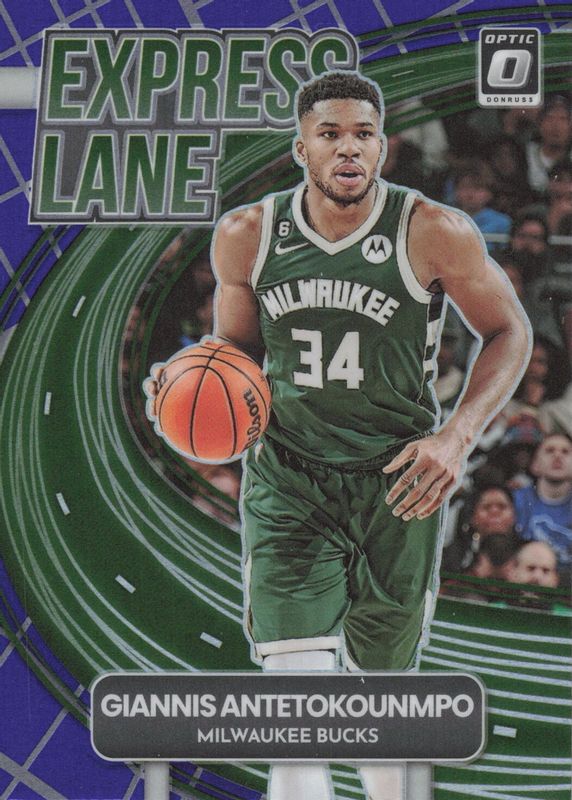 Giannis Antetokounmpo 2022 Optic #10 Express Lane - Purple PSA 10