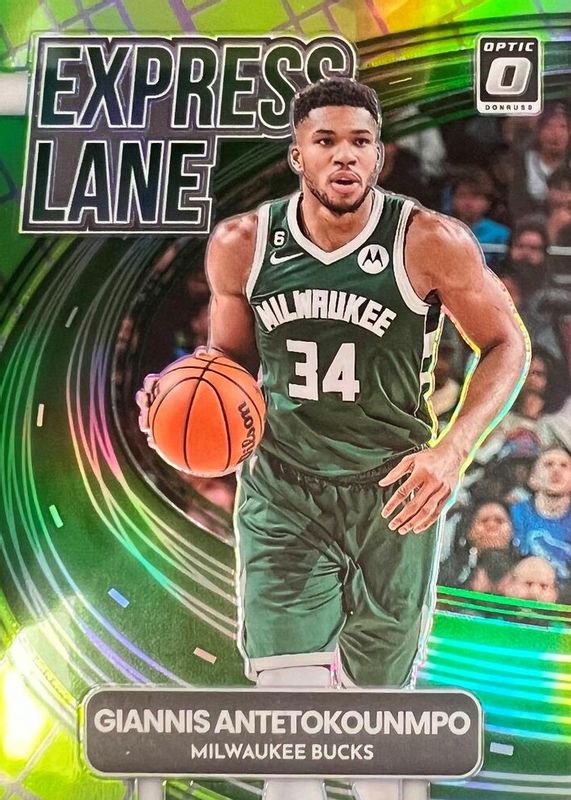 Giannis Antetokounmpo 2022 Optic #10 Express Lane - Lime Green /149 PSA 10