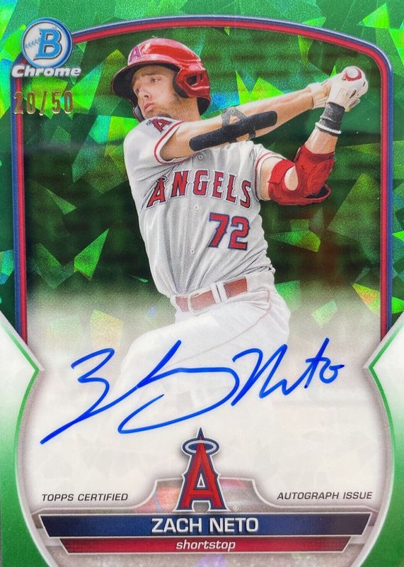 Zach Neto 2023 Bowman Sapphire Edition #BSPA-ZN Chrome Prospect Auto - Green /50 Rookie RAW