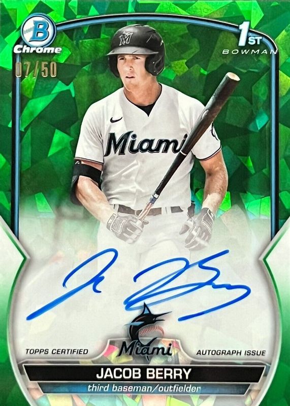 Jacob Berry 2023 Bowman Sapphire Edition #BSPA-JB Chrome Prospect Auto - Green /50 (1st) RAW