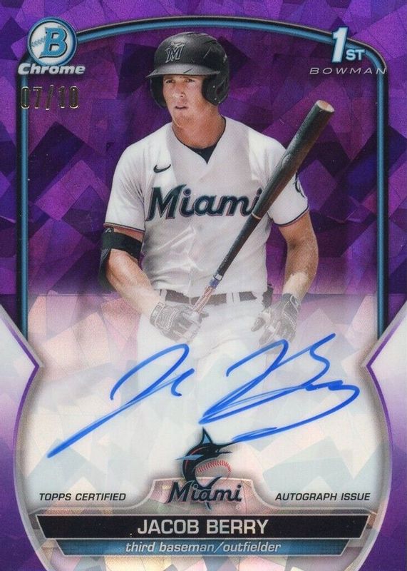 Jacob Berry 2023 Bowman Sapphire Edition #BSPA-JB Chrome Prospect Auto - Purple /10 (1st) BGS 9