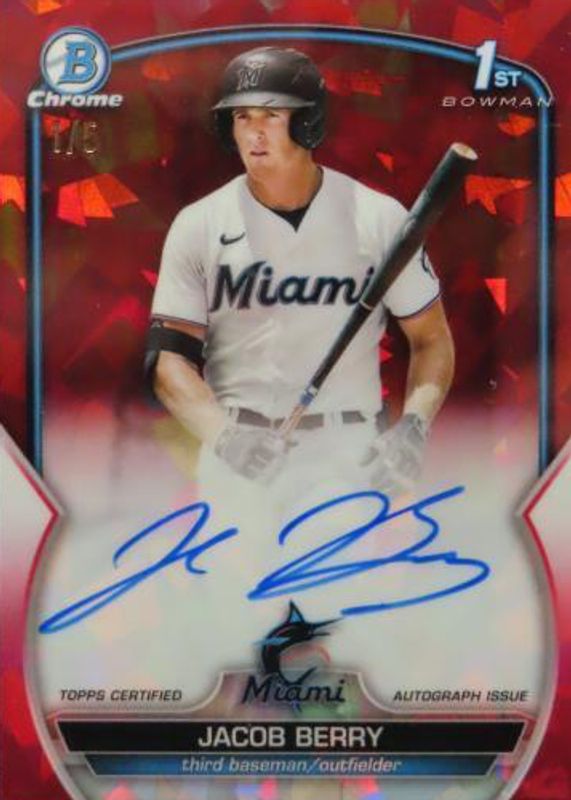 Jacob Berry 2023 Bowman Sapphire Edition #BSPA-JB Chrome Prospect Auto - Red /5 (1st) PSA 10