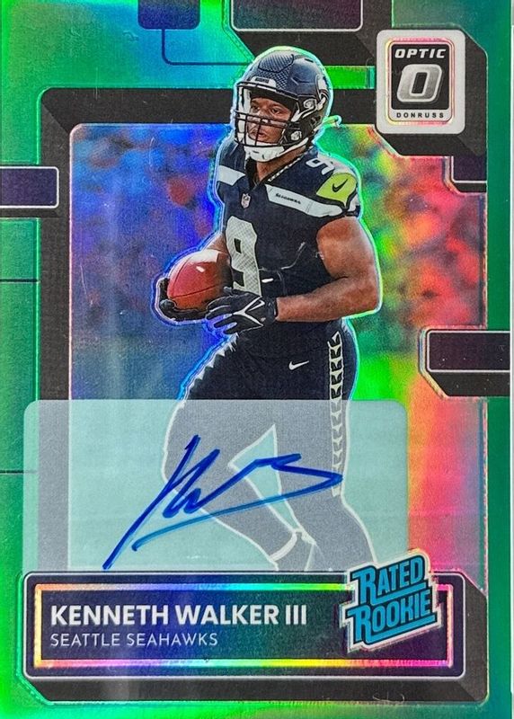 Kenneth Walker III 2022 Optic #218 Rated Rookie Autographs - Green /5 PSA 10