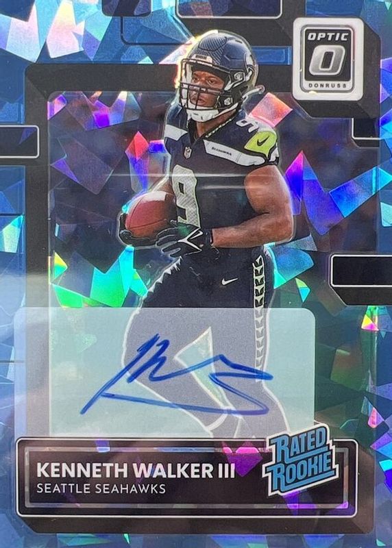 Kenneth Walker III 2022 Optic #218 Rated Rookie Autographs - Ice /15 PSA 10