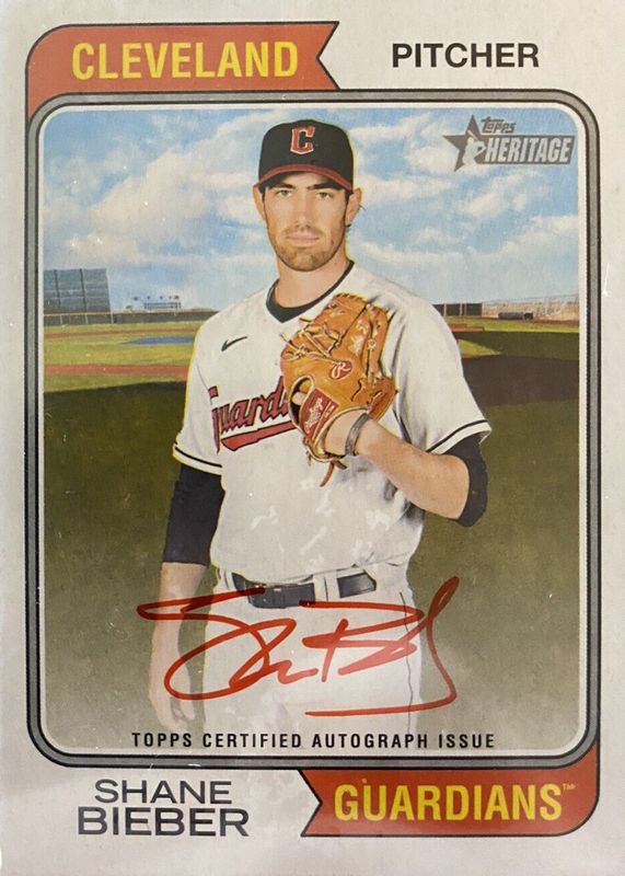 Shane Bieber 2023 Topps Heritage #ROA-SB Real One Autographs - Red Ink /74 RAW