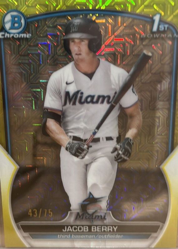 Jacob Berry 2023 Bowman Mega Box #BCP-108 Chrome Prospects - Yellow Mojo Refractor /75 (1st) PSA 10