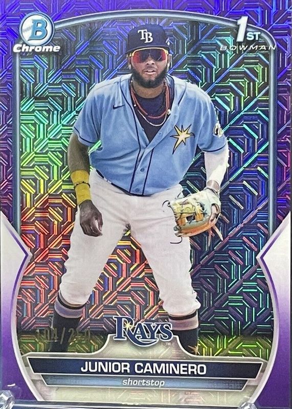 Junior Caminero 2023 Bowman Mega Box #BCP-61 Chrome Prospects - Purple Mojo Refractor /250 (1st) PSA 10