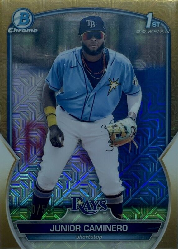 Junior Caminero 2023 Bowman Mega Box #BCP-61 Chrome Prospects - Gold Mojo Refractor /50 (1st) PSA 10