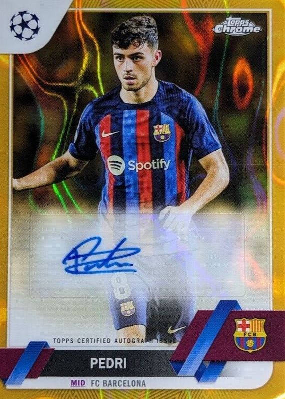 Pedri 2022 Topps Chrome UEFA Club Competitions #CA-P Autographs - Gold Lava Refractor PSA 9