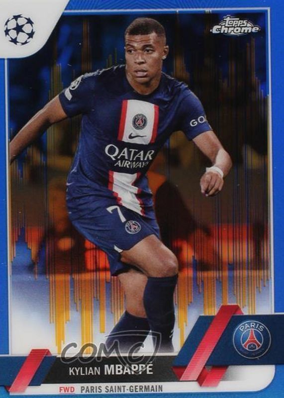 Kylian Mbappe 2022 Topps Chrome UEFA Club Competitions #100 Blue & Gold Seismic Refractor /75 SGC 10