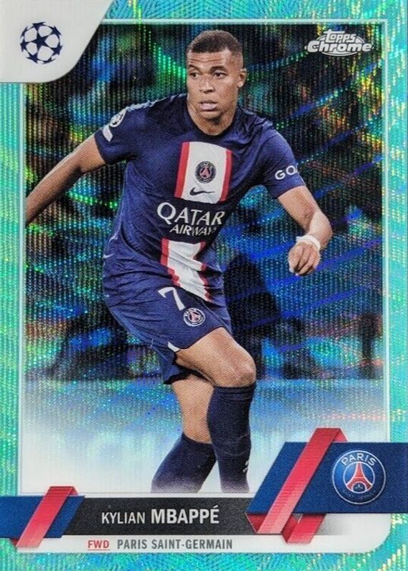 Kylian Mbappe 2022 Topps Chrome UEFA Club Competitions #100 Aqua Wave Refractor /199 PSA 9