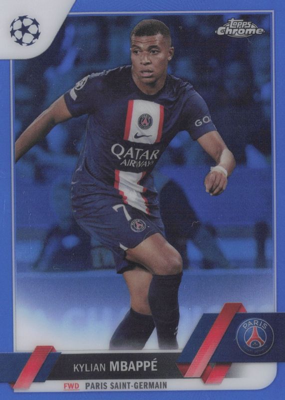 Kylian Mbappe 2022 Topps Chrome UEFA Club Competitions #100 Blue Refractor /150 SGC 10