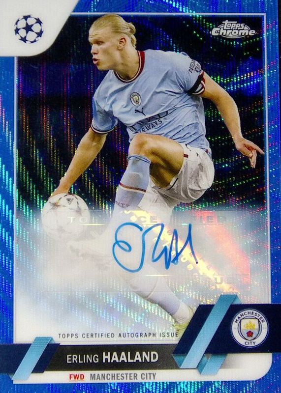 Erling Haaland 2022 Topps Chrome UEFA Club Competitions #CA-EH Autographs - Blue Wave Refractor /75 SGC 9