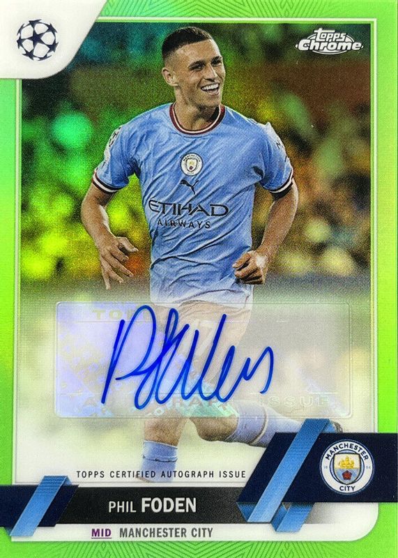 Phil Foden 2022 Topps Chrome UEFA Club Competitions #CA-PF Autographs - Neon Green Refractor /99 SGC 9.5