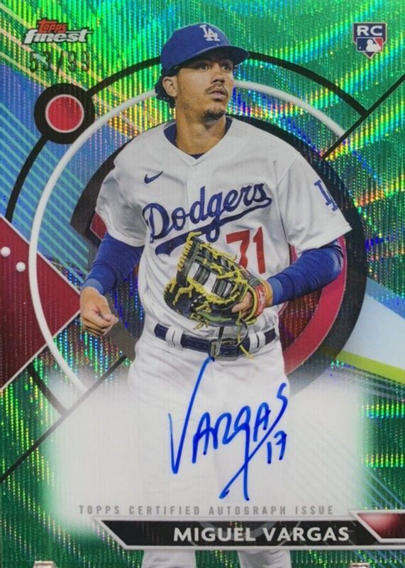 Miguel Vargas 2023 Topps Finest #FA-MV Finest Autographs - Green Wave Refractor /99 Rookie PSA 10