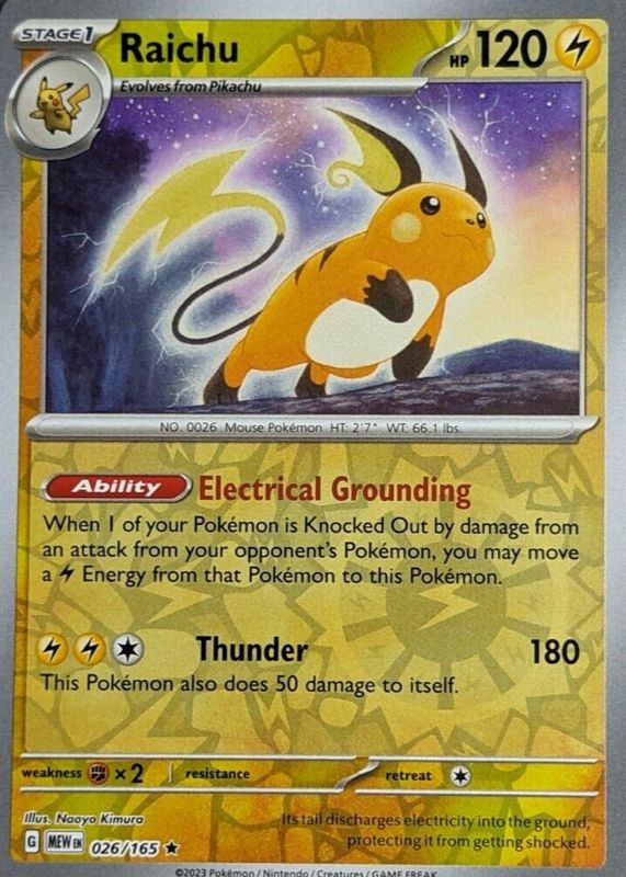 Raichu 2023 Scarlet & Violet: 151 #026/165 Reverse Holo SGC 10