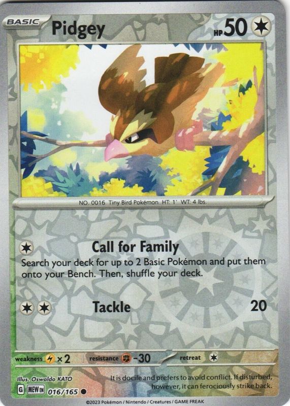 Pidgey 2023 Scarlet & Violet: 151 #016/165 Reverse Holo RAW TCG (NEAR MINT)