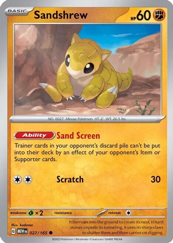 Sandshrew 2023 Scarlet & Violet: 151 #027/165 Base PSA 8