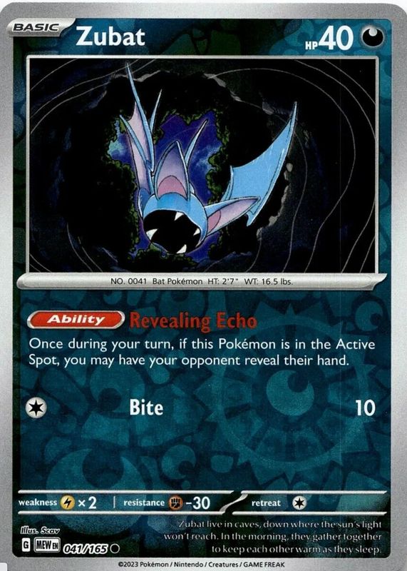 Zubat 2023 Scarlet & Violet: 151 #041/165 Reverse Holo RAW TCG (NEAR MINT)