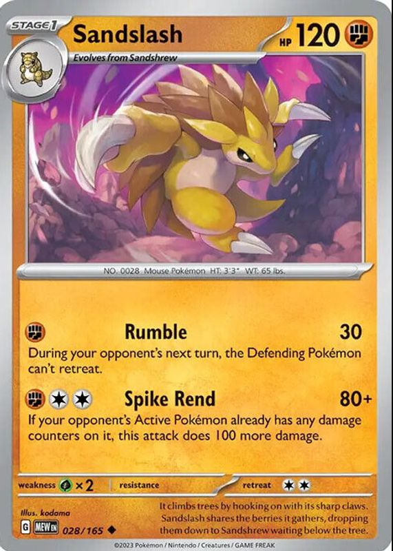 Sandslash 2023 Scarlet & Violet: 151 #028/165 Reverse Holo RAW TCG (NEAR MINT)