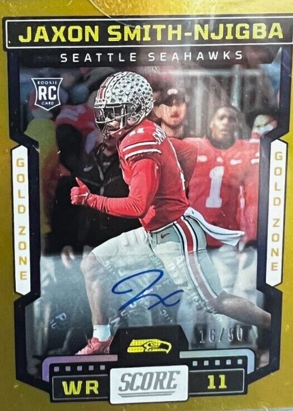 Jaxon Smith-Njigba 2023 Score #348 Rookie Signatures - Gold Zone /50 RAW