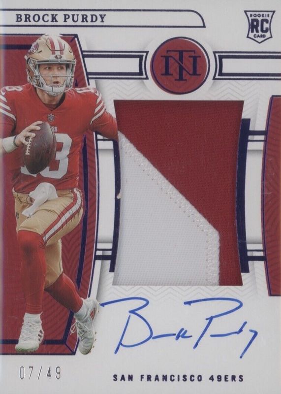 Brock Purdy 2022 National Treasures #200 Rookie Patch Auto - Purple /49 PSA 10