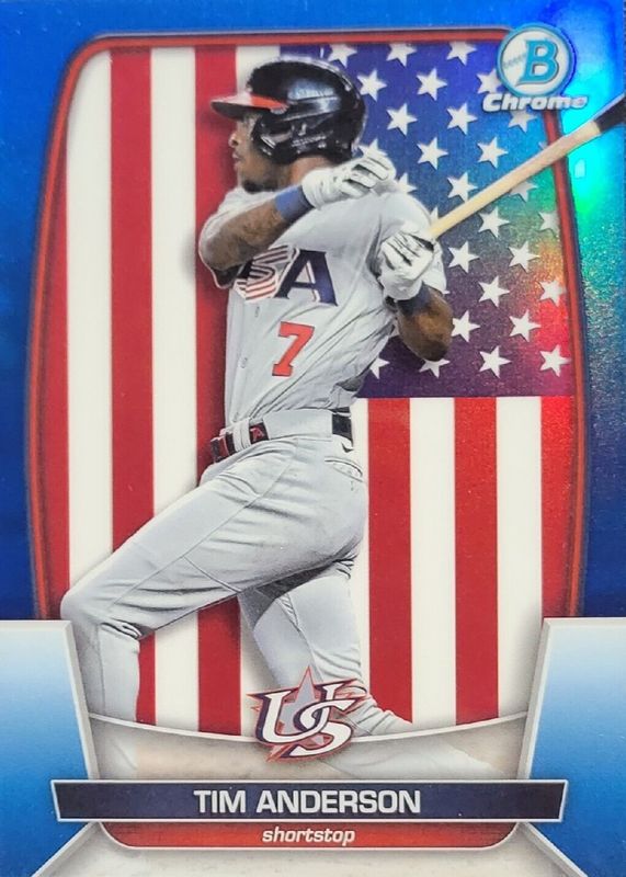 Tim Anderson 2023 Bowman Chrome #WBC-81 WBC Flag - Blue Refractor /75 RAW