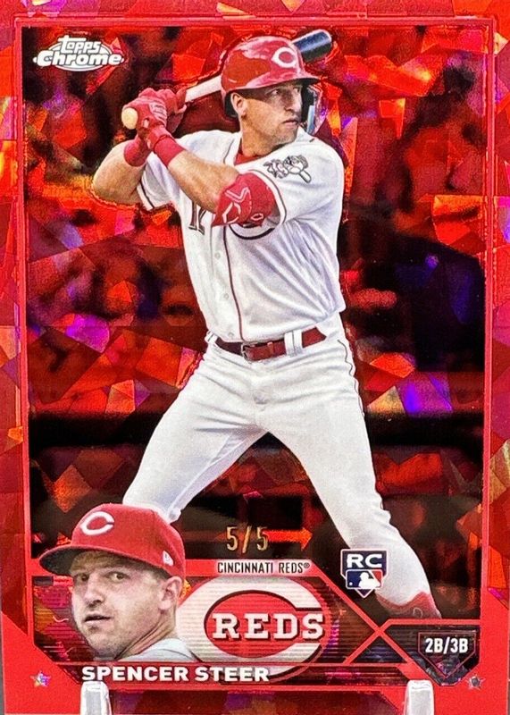 Spencer Steer 2023 Topps Chrome Sapphire Edition #489 Red /5 Rookie PSA 10