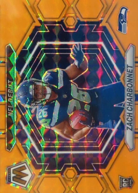 Zach Charbonnet 2023 Mosaic #ND-11 NFL Debut - Orange Fluorescent /25 Rookie SGC 10