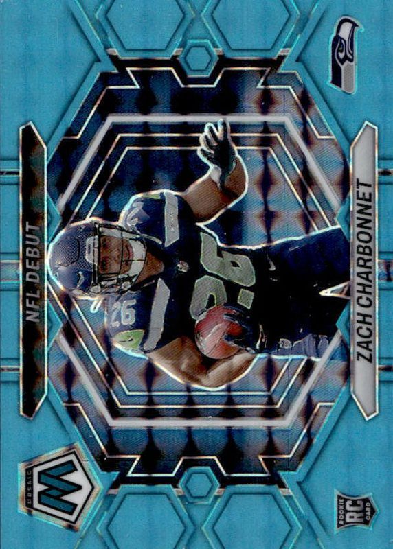 Zach Charbonnet 2023 Mosaic #ND-11 NFL Debut - Blue Fluorescent /15 Rookie PSA 10