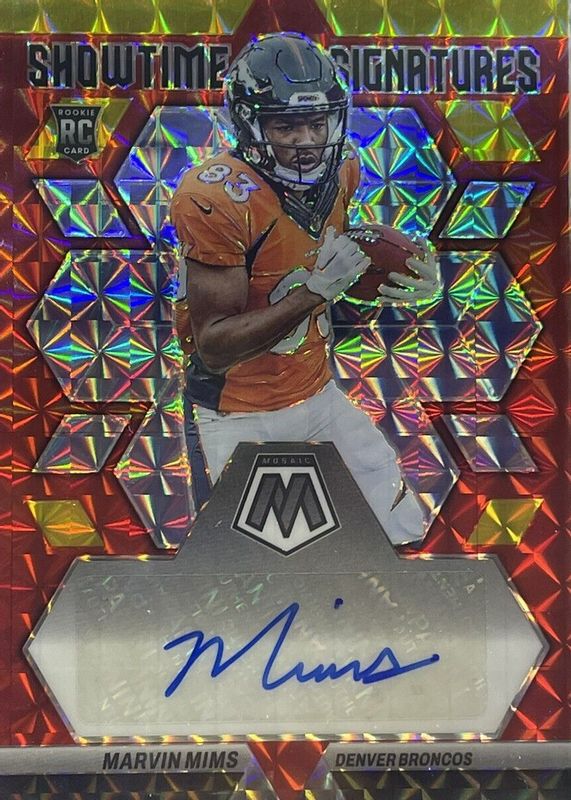 Marvin Mims Jr. 2023 Mosaic #SS-MM Showtime Signatures - Choice Fusion Red & Yellow Rookie RAW