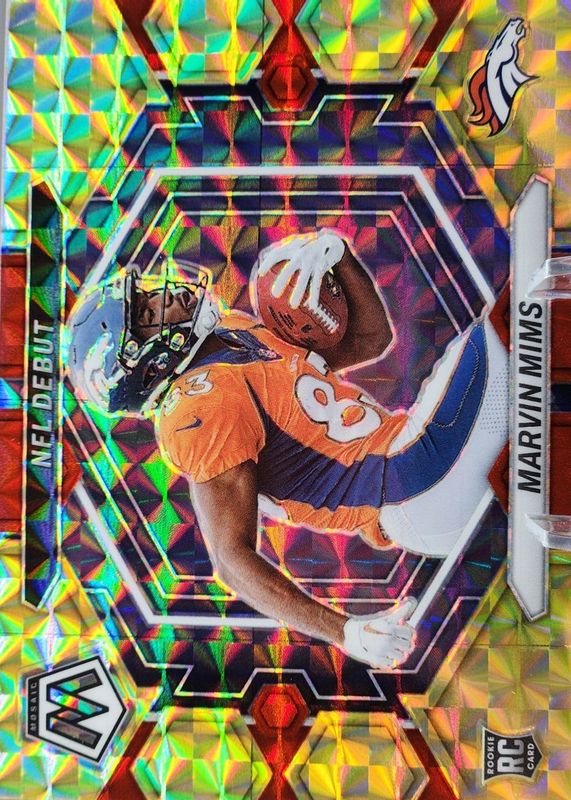Marvin Mims Jr. 2023 Mosaic #ND-13 NFL Debut - Choice Fusion Red & Yellow /80 Rookie RAW