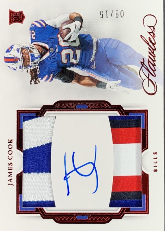 James Cook 2022 Flawless #RDP-JC Rookie Dual Patch Auto - Ruby /15 RAW