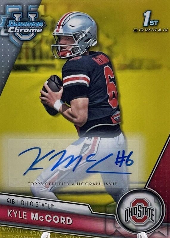 Kyle McCord 2023 Bowman Chrome University #101 Prospect Auto - Yellow Refractor /75 (1st) RAW