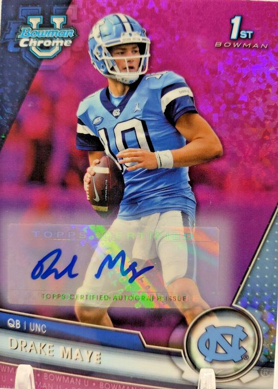 Drake Maye 2023 Bowman Chrome University #200 Prospect Auto - Fuchsia Mini-Diamond Refractor /150 (1st) SGC 9.5