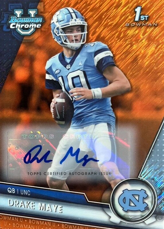 Drake Maye 2023 Bowman Chrome University #200 Prospect Auto - Orange Shimmer Refractor /25 (1st) RAW