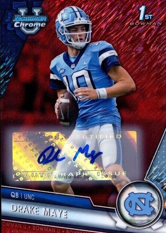 Drake Maye 2023 Bowman Chrome University #200 Prospect Auto - Red Shimmer Refractor /5 (1st) RAW