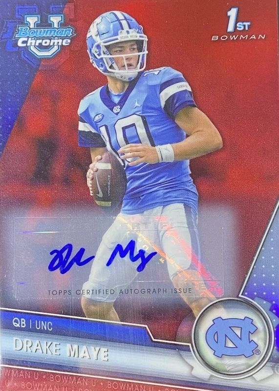 Drake Maye 2023 Bowman Chrome University #200 Prospect Auto - Red Refractor /5 (1st) SGC 10