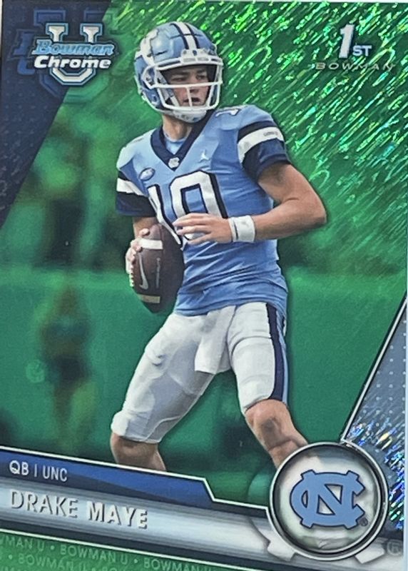 Drake Maye 2023 Bowman Chrome University #200 Prospects - Green Shimmer Refractor /99 (1st) RAW