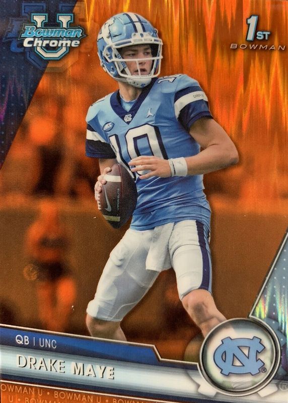 Drake Maye 2023 Bowman Chrome University #200 Prospects - Orange Shimmer Refractor /25 (1st) SGC 9.5