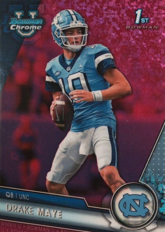 Drake Maye 2023 Bowman Chrome University #200 Prospects - Fuchsia Mini-Diamond Refractor /150 (1st) PSA 8