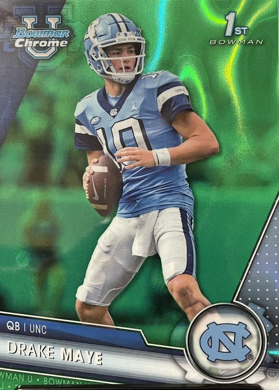 Drake Maye 2023 Bowman Chrome University #200 Prospects - Green Lava Refractor /99 (1st) RAW