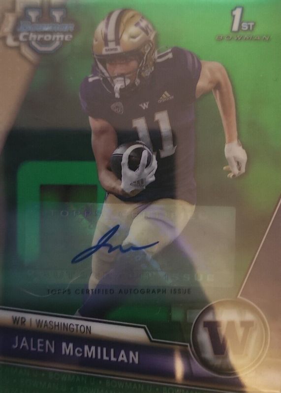 Jalen McMillan 2023 Bowman Chrome University #164 Prospect Auto - Green Refractor /99 (1st) RAW