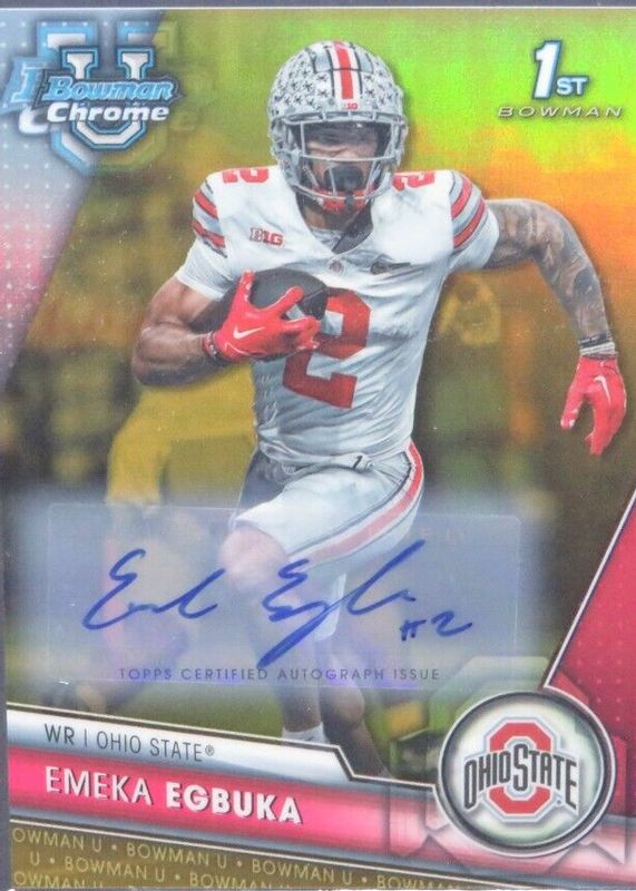 Emeka Egbuka 2023 Bowman Chrome University #115 Prospect Auto - Gold Refractor /50 (1st) PSA 10