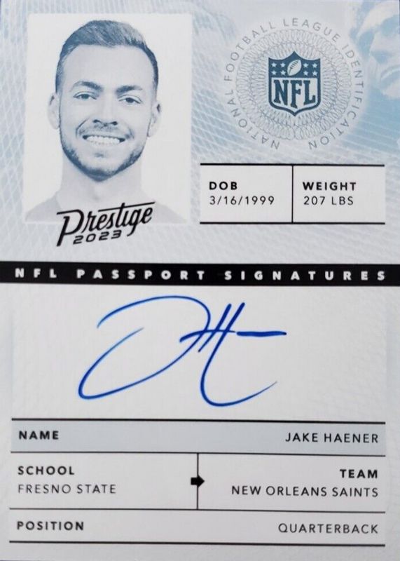 Jake Haener 2023 Prestige #NPS-JHA NFL Passport Signatures Rookie BGS 9