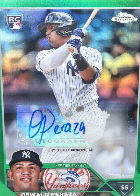 Oswald Peraza 2023 Topps Chrome Update #AC-OP Autographs - Green Refractor /99 Rookie RAW