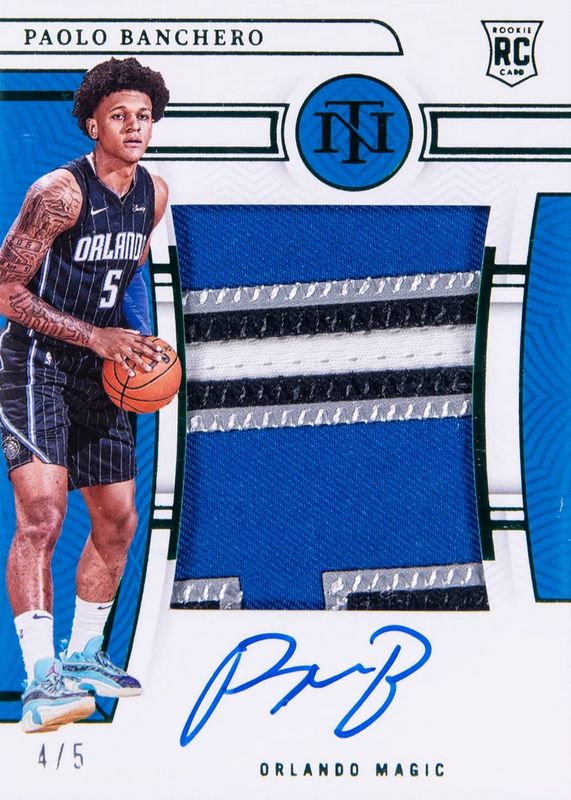 Paolo Banchero 2022 National Treasures #110 Rookie Patch Auto - Emerald /5 Rookie SGC 8