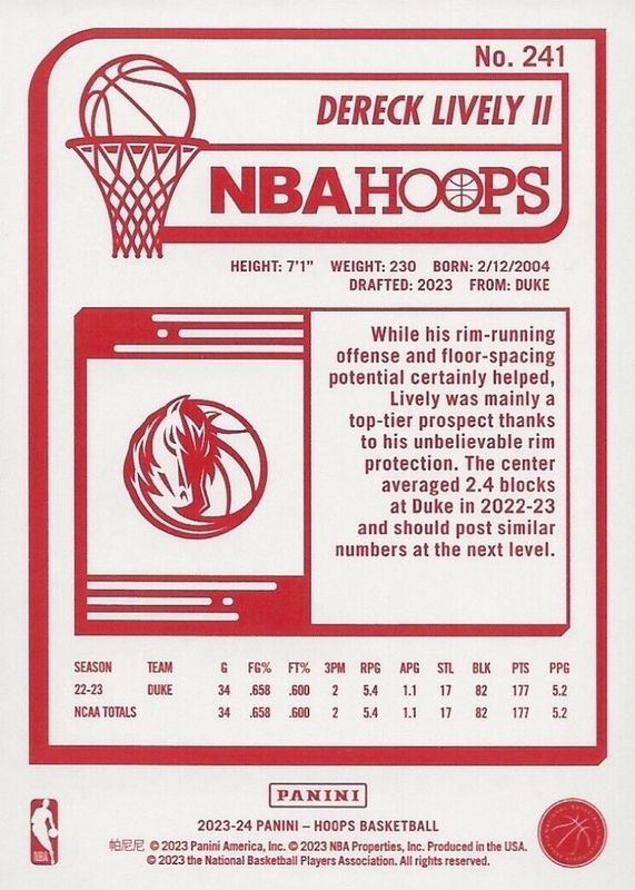 Dereck Lively II 2023 Hoops #241 Red Back Rookie RAW